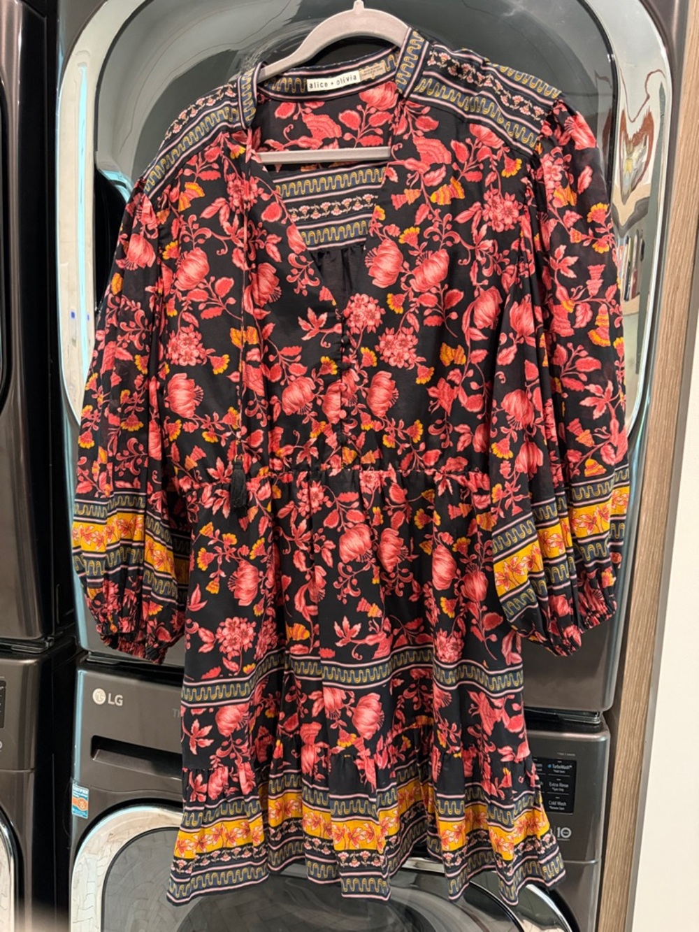 Alice + Olivia Black Floral Mini Dress with Pink & Yellow Accents